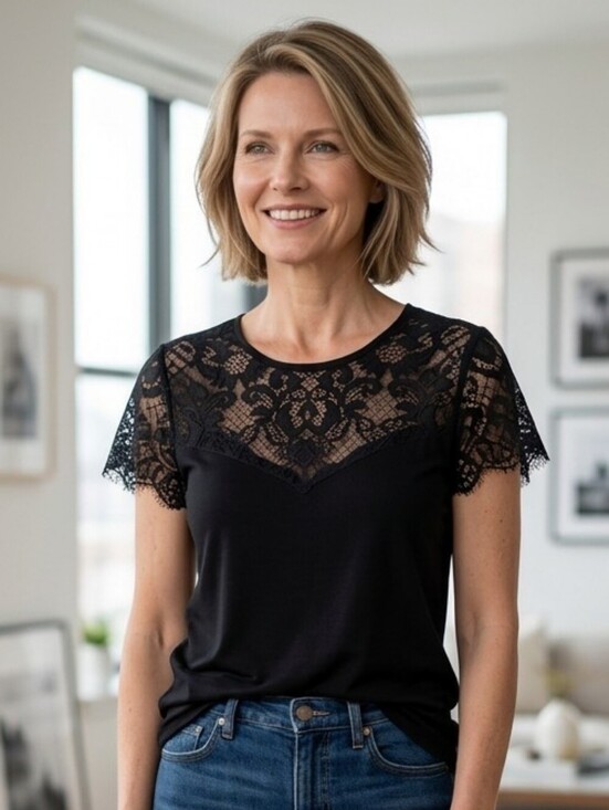 Ralph Lauren Tops - Ralph Lauren Lace-Yoke Black — Elegant Short-Sleeve